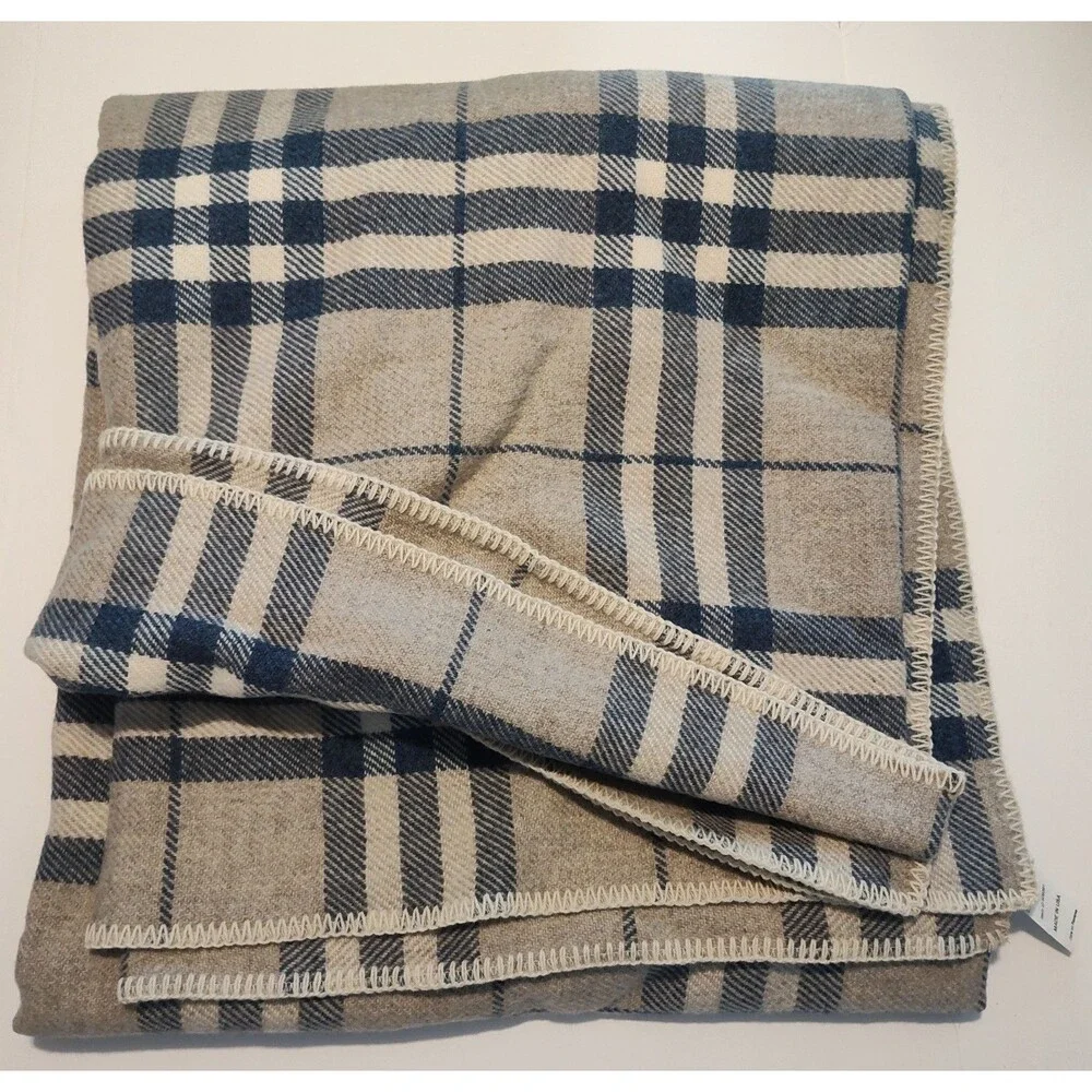 Pendleton LL Bean Washable Wool Full Size Blanket Blue Tan Cream 80” x 90” Plaid